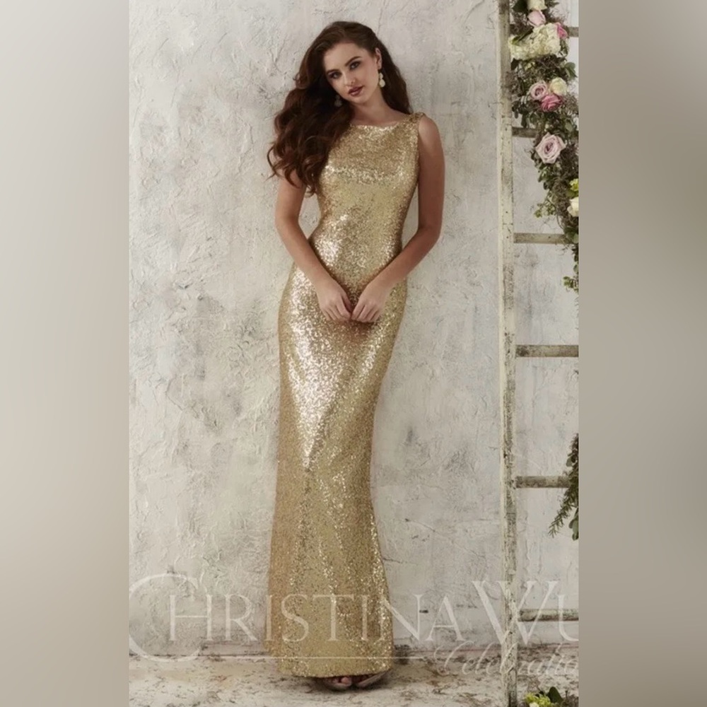 Christina Wu dress size 2 gold fully sequinned sleeveless lined style 22704 EUC